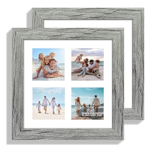 Hongkee 8x8 Picture Frame Set of 2, with Glass and Grey Wood Frames, Display Collage Four Opening 3x3 With Mat or 8 x 8 Without Mat for Wall Hanging or Tabletop - color: Grey, size: 8x8 in matted to 4-3x3