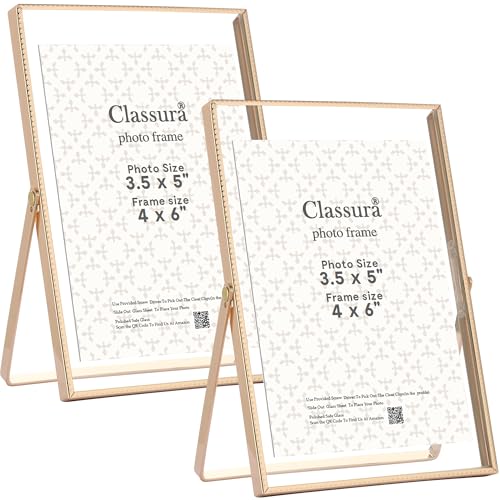 Gold 4x6'' Floating Picture Frame Set of 2,For Photo Sizes (2x3'',3.5x5''),Beautiful Metal Beaded Edge Frames Adjustable Tabletop/Shelf Photo Frame,Classy Gift Choice for Wedding,Chrismas - color: Gold, size: 4x6'' (2PK)