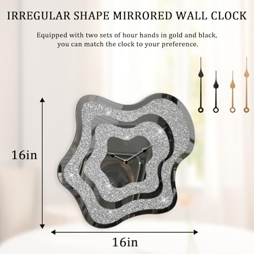 Silver Irregular Mirror Glass Wall Clock Crush Diamond Mirrored Wall Clock for Wall Decor Perfect for Living Room Bedroom Dining Room Office Home Decor - style: Star