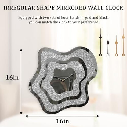 Silver Irregular Mirror Glass Wall Clock Crush Diamond Mirrored Wall Clock for Wall Decor Perfect for Living Room Bedroom Dining Room Office Home Decor - style: Star