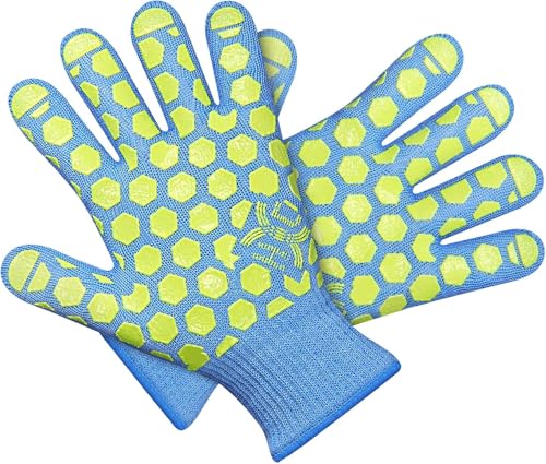 J H Heat Resistant Oven Glove: EN407 Certified 932 °F BBQ & Oven Mitts for Grlling, Baking, Kitchen, Camping,Fireplace Indoor&Outdoor 1 Pair - color: Sky-blue Shell With Yellow Silicone Coating