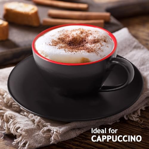 MIAMIO - Set of 6, Ceramic Stackable Cappuccino Cups Set / 6 Ounce Cappuccino Mugs and Saucer with Metal Stand for Coffee Drinks, Cafe, Latte, Americano and Tea - Le Papillon Collection (Red) - color: Red