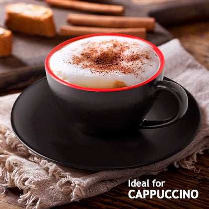 MIAMIO - Set of 6, Ceramic Stackable Cappuccino Cups Set / 6 Ounce Cappuccino Mugs and Saucer with Metal Stand for Coffee Drinks, Cafe, Latte, Americano and Tea - Le Papillon Collection (Red) - color: Red
