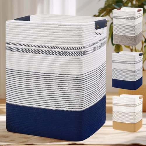 DOFASAYI Laundry Hamper, 85L Cotton Rope Laundry Basket, Dark Blue & White | Foldable nursery hamper with leather handles; store blankets, toys, baby clothes and laundry in bedroom or living room - color: Dark Blue & White, size: 85L