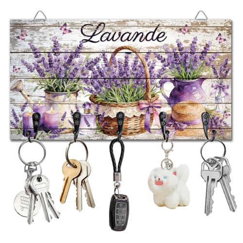 Lavender Key Holder Scented Candles Key Hooks Organizer Hanger Rack Straw Hats Wall Mounted Wooden Key Rack with 5 Key Hooks for Home Entryway Front Door Kitchen Hallway Bedroom Wall Decor - color: Lavender