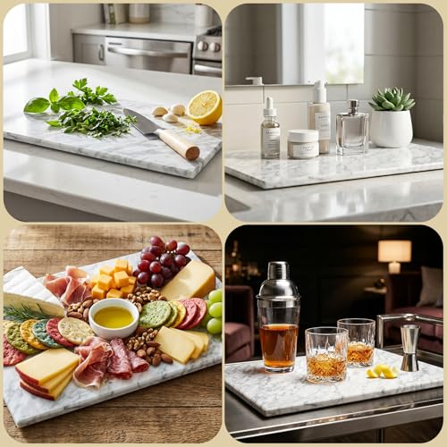Hiceeden 8 x 12 Inches Marble Cutting Board, Stone Cutting Board with Non-Slip Feet for Kitchen Countertop, Rectangular Serving Slab for Charcuterie, Cheese, Pastry, Scratch & Heat Resistant, White