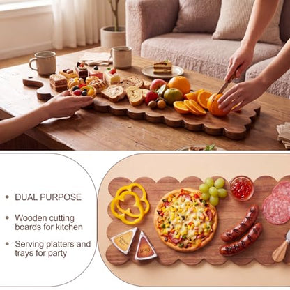 30"x 8" Long Scalloped Charcuterie Board Large Acacia Wooden Cheese Board with Handle & Rope Hanger Decorative Serving Platter for Snacks Appetizers, Housewarming & Entertaining Gift - size: 30"x8"