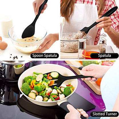 P&P CHEF Black Kitchen Utensils, Silicone Cooking Utensil Set of 7 | Soft Spatula for Nonstick Cookware, Slotted Turner, Soup Ladle, Pasta Server, Spoon for Cooking, Dishwasher Safe & Heat Proof - color: Black
