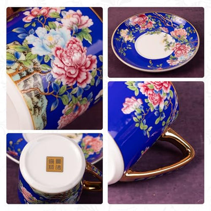 KAMMAK Tea Cup and Saucer, Ceramic Coffee Cups, 7.4 oz, Set of 2 | Porcelain Tea Cups with Saucers for Coffee and Cappuccino, Ideal for Breakfast, Afternoon Tea and Entertaining,631+632N - style: 631N+632N