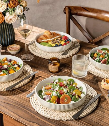8.5" Ceramic Pasta Bowls Set of 4, Salad Bowls | Versatile Serving Bowls for Pasta, Salad, Fruit & Noodles, Housewarming & Wedding Gift, Reactive White - color: Reactive White, size: 8.5 Inch
