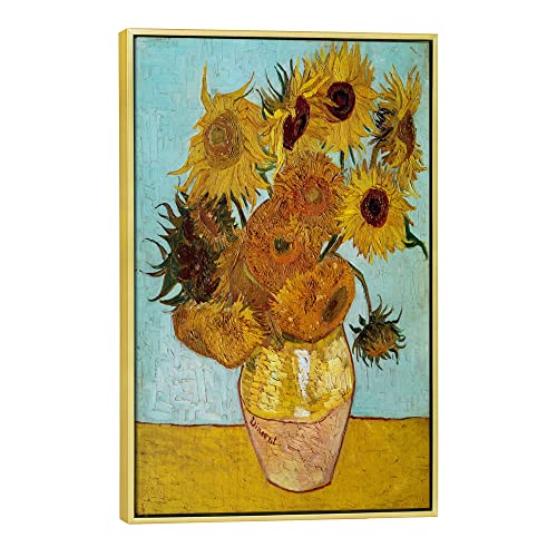 Wieco Art Framed Canvas Wall Art Size L Sunflower by Vincent Van Gogh Oil Paintings Reproduction Abstract Wall Decorations for Living Room Golden Frame Home Decorations - size: 24"L x 16"W