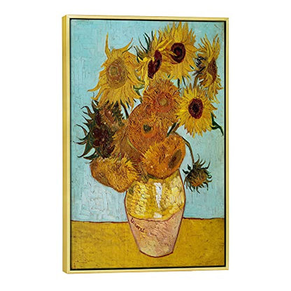 Wieco Art Framed Canvas Wall Art Size L Sunflower by Vincent Van Gogh Oil Paintings Reproduction Abstract Wall Decorations for Living Room Golden Frame Home Decorations - size: 24"L x 16"W