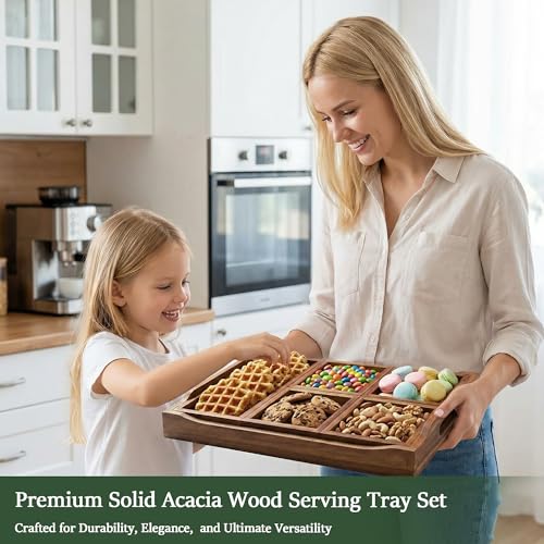 Serving Tray with 5 Removable Snack Boxes,Acacia Wood Snack Tray for Parties and Entertaining, Movie Night, Coffee Table and Charcuterie Serving - color: Acacia Wood-2