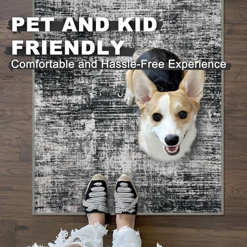 KILOCOCO Abstract Runner Rug 2x6 ft Washable Hallway Runner, Black/Grey | Machine Washable Kitchen Runner, Non Slip Entryway Runner, Printed Carpet Runners, Abstract Floor Runners, Soft Bedside Rug - color: Black/Grey, size: 2' x 6' (Runner)