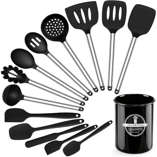 14PCS Kitchen Silicone Cooking Utensils Set with Holder | Heat Resistant, Food-grade Silicone and Stainless Steel, Spatula Set for Nonstick Cookware, Dishwasher Safe,Flexible,Durable