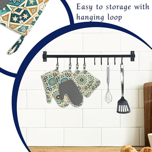 Mandela Geometric Oven Mitts and Pot Holders Sets of 4 Boho Abstract Heat Resistant Silicone Oven Mits Gloves Non-Slip Kitchen Mittens Potholders for Cooking Baking Grilling BBQ - color: Mandela Geometric,boho Abstract