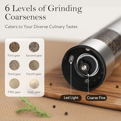 Ultrean Salt and Pepper Grinder Set, Rechargeable Salt and Pepper Shakers, 6 Adjustable Coarseness, LED Light, Kitchen Gadget Cooking Gifts Valentines Day Gifts for Him Her Mom Dad, Stainless Steel - color: Classic Silver