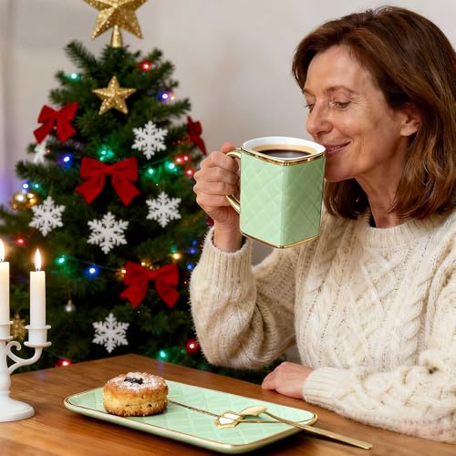 Zubebe 1 Set Coffee Mug Elegant Handbag Shaped Cup Modern Ceramic Purse Mug with Spoon and Saucer, 10oz Cute Creative Tea Cup for Woman Girls Gift (Light Green) - color: Light Green