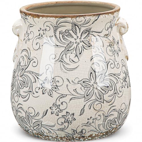 Ceramic Scroll Planter 6.5 Inch Chinoiserie Floral Vase with Drainage Holes Vintage Flower Vase Flower Pot Rustic Ceramic Pots for Indoor Plants Garden Home Bookshelf Decor(Gray Camellia) - style: Gray Camellia