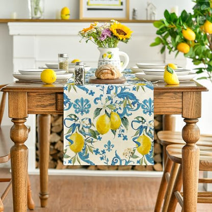 Artoid Mode Blue Lemon Iris Spring Place Mats 12x18 Inch Set of 4 and Table Runner 13x72 Inch