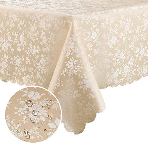 Smiry Rectangle Waterproof Heavy Duty Vinyl Tablecloths, 52 x 70 Inch | Wipeable Washable Floral Embossed Table Cover for Kitchen and Dining Room, Indoor & Outdoor Use, Beige - color: Beige, size: 70" x 52" (Rectangular)