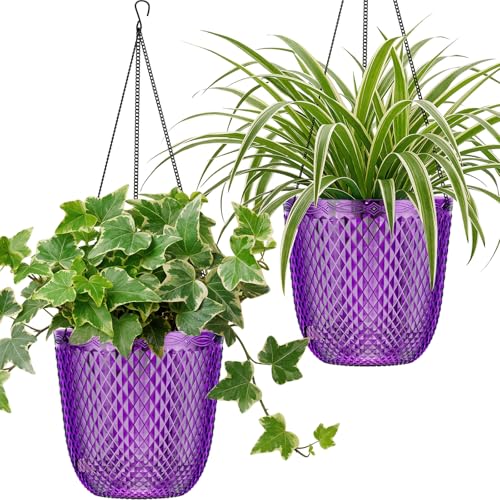 QCQHDU Hanging Planters for Indoor Plants, 2-Pack, 5.7 Inch, Purple | Plastic, Self Watering Plant Hanger, with Drainage Holes, 3 Hooks Chains, For Garden Home - color: Purple, size: 5.7in