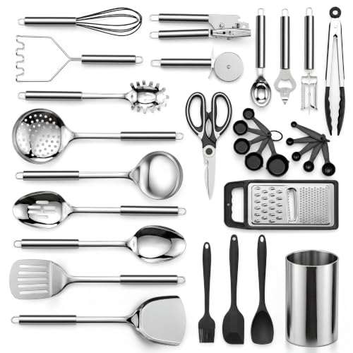 LIANYU Stainless Steel Cooking Utensils Set, 31 PCS Metal Kitchen Utensils | Non-toxic Complete Kitchen Tools with Holder, Include Spatula, Turner, Spoon, Potato Pusher, Heat Resistant & Dishwasher Safe