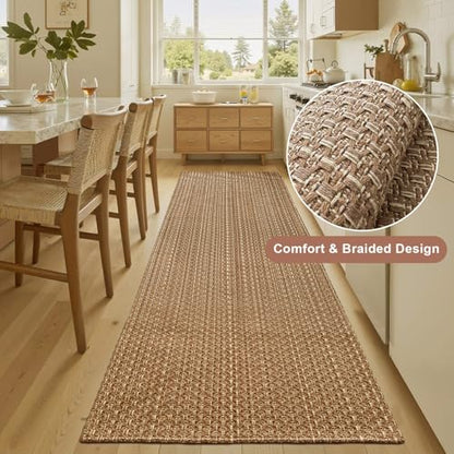 Tan Brown Boho Faux Jute Runner Rug 2x8 ft,Braided Non Slip Hallway Rug | Soft solid washable runner carpet, great for entryway, kitchen, bedroom and living room - size: 2' x 8' (Rectangular)