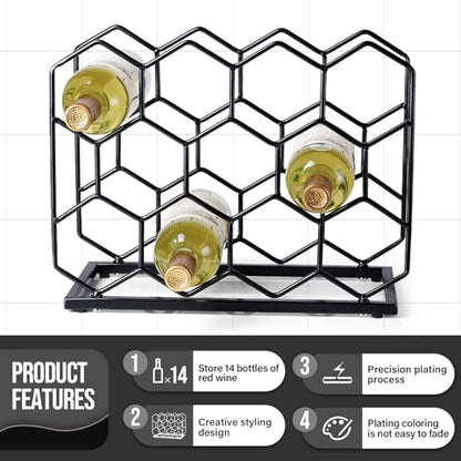 Countertop Wine Rack - 14 Bottle Freestanding Modern Gold Metal Small Wine Rack - Tabletop Wine Holder Stand for Cabinet, Pantry, Wine Bottle Storage - color: Black