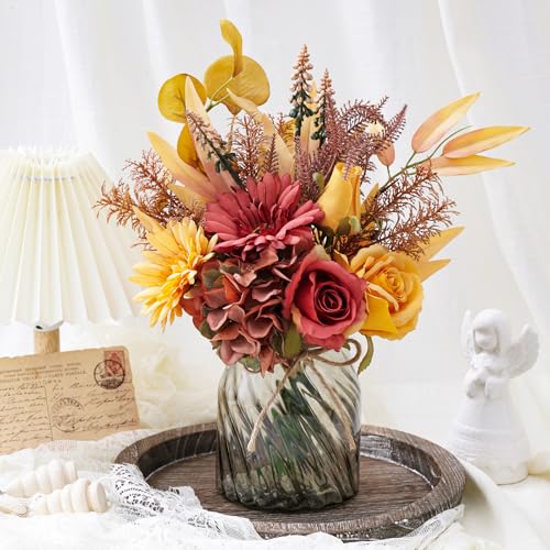 Fake Flowers Faux Plant with Vase,Dining Table Decor,Fall Home Decor | COZZI CODI Artificial Silk Flowers Fake Plants,Farmhouse Fall Centerpieces for Tables,Thanksgiving Table Decor - color: Dark Red