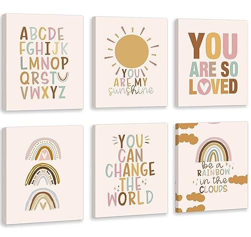 CHDITB Nursery Wall Art, You Are My Sunshine Rainbow Canvas Framed Posters, Set Of 6(12”X16”) Colorful Alphabet Classroom Artwork Boho Weather Kids Art Prints Wall Decor For Girls Room Boy Bedroom - color: Rainbow Wall Art, size: 12x16 inches