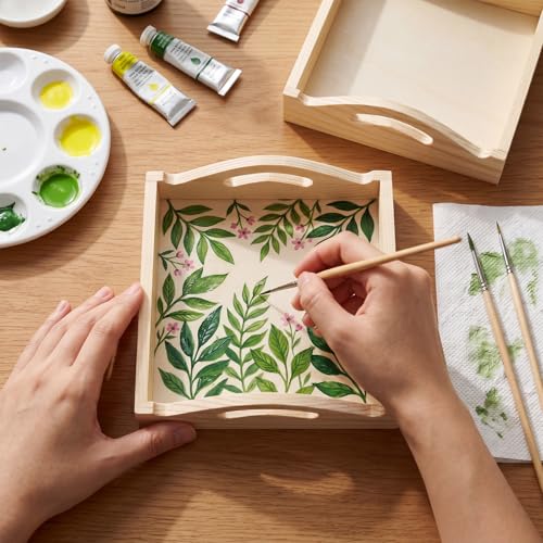 Ferrochef 12 Pcs Unfinished Wooden Trays for Crafts, 5.9 Inch Mini Square Pine Wood Trays with Handles, Blank Wood Serving Tray for DIY Painting, Party Favors, Home Decor