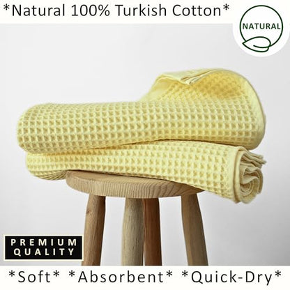 PÜSKÜL 2-Piece Natural 100% Turkish Cotton Waffle Bath Towels Extra-Large | Light Yellow, 32x63" Bath Sheet Towel, Soft Absorbent Quick-Dry Lint-Free Premium 3D Honeycomb Weave Oeko-Tex Made in Turkiye - color: Light Yellow