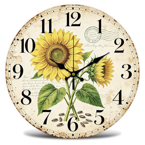 Vintage Sunflower Wall Clock Silent Non-Ticking 12" for Living Room Decor | 1 AA Battery Operated (not Included); Easy to Read; Keep Accurate Time; Vintage Rustic; Kitchen Bedroom Indoor Use - color: Vintage Sunflower