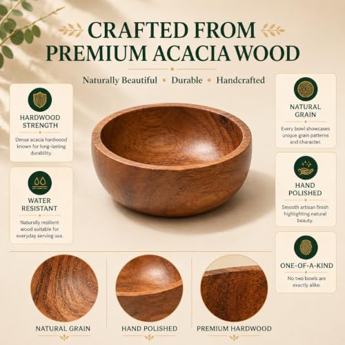Acacia Wood Bowls: Handcrafted, Rustic, 6 Bowls of 3.75-inch, 0.25 liters Capacity Each - size: 6 Bowls of 3.75-Inch (0.25 Liters)