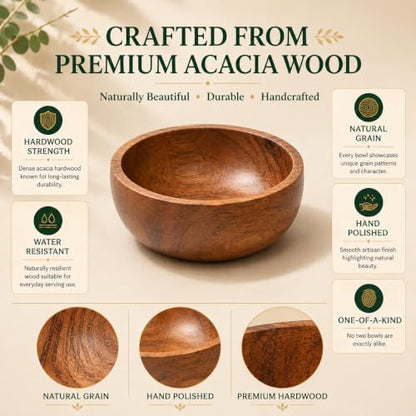 Acacia Wood Bowls: Handcrafted, Rustic, 6 Bowls of 3.75-inch, 0.25 liters Capacity Each - size: 6 Bowls of 3.75-Inch (0.25 Liters)