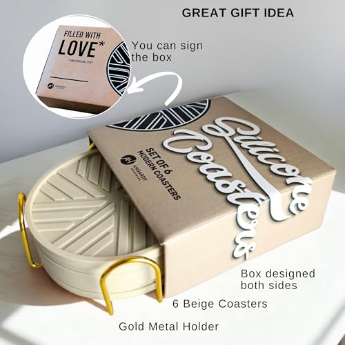Silicone Coasters Set of 6 - with Gold Holder, smart Modern Grooved Pattern Protecs to Coffee Tables, Beige - color: Neutral Beige
