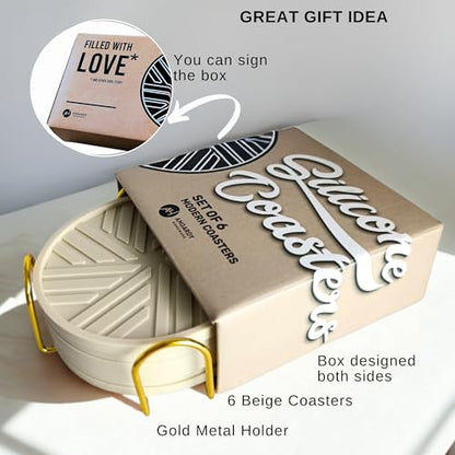 Silicone Coasters Set of 6 - with Gold Holder, smart Modern Grooved Pattern Protecs to Coffee Tables, Beige - color: Neutral Beige