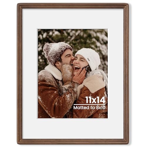 11x14 Natural Solid Oak Wood Picture Frame with 8x10 Mat, Premium Rustic Wooden Photo Frames with Plexiglass, Poster Photo Frame for Gallery Wall Hanging Vertically or Horizontally, Walnut - color: Walnut, size: 11x14-1P