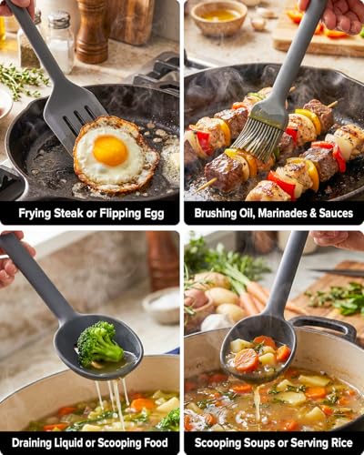 Silicone Kitchen Utensils Set, Heat Resistant Cooking Utensil with Spoon, Scraper, Spatula, Basting Brush & Tongs, BPA-free Non-stick Cookware for Frying, Basting, Serving, Grilling (6 Pack) (GREY) - color: Gray