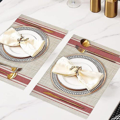 WUBAYI Placemats, Set of 6 Table Mats Heat Resistant Stain Resistant Non-Slip Woven Vinyl Insulation Placemats, Washable Durable Elegant Table Mats for Kitchen Dinning Restaurant(Beige Red) - color: Beige Red