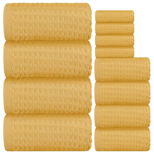 12 Piece Yellow Waffle Bath Towel Set, 100% Cotton | Bathroom Towel Set, Highly Absorbent and Quick Dry, Soft Waffle Weave Towel, for Bathroom, Hotel, Spa, Gym Daily Use - color: Yellow, size: 12 Piece Towel Set
