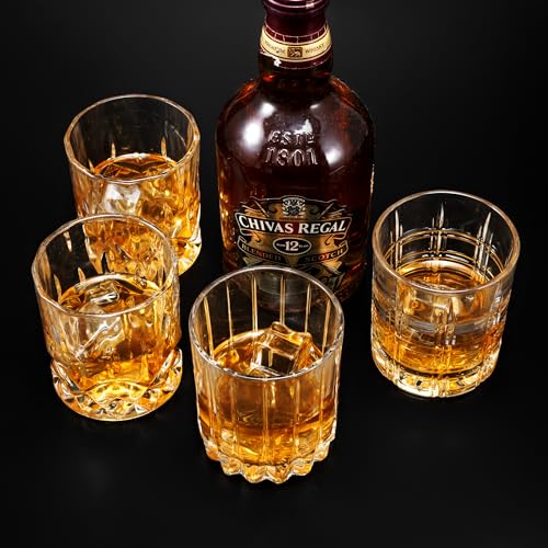 KANARS Old Fashioned Whiskey Glasses 3 Designs Bourbon Glass 10 oz Set | Ultra Clear Crystal Rocks Barware with Luxury Box for Scotch Irish Whisky Rum Cocktail Men Gift - color: Set of 4