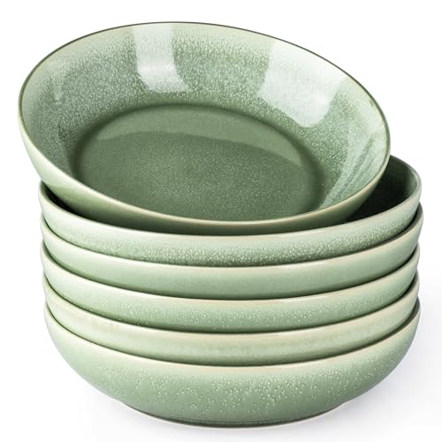 AmorArc 8.5’’ Ceramic Pasta Bowls Set of 6, 36oz Large Stoneware Bowls Set | Large Dinner Serving Bowls Set, Wide Bowl Plate for Pasta,Salad, Soup, Microwave Safe, Reactive Glaze-Olive Green - color: Olive Green, size: Set of 6