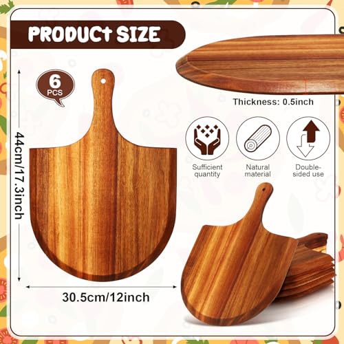 6 Pcs Acacia Wood Pizza Peel with Handles 12 Inch Wooden Spatula Paddle Round Pizza Cutting Board Cheese Serving Tray for Meat Bread Charcuterie Deli