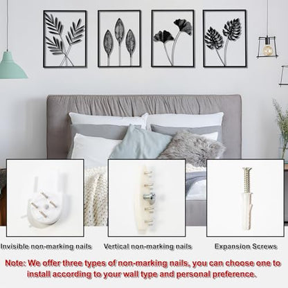 QXSXKJ Metal Wall Art, Black Frame Decor 4pack Modern Farmhouse Decor, 3d Metal Wall Ginkgo Art With Lamp for Living Room, Bedroom, Kitchen, Office (without light 17x12) - size: without light 17x12