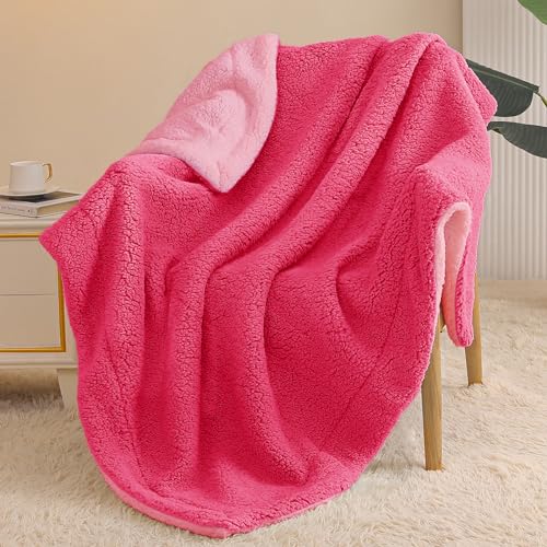 Exclusivo Mezcla Reversible Sherpa Fleece Throw Blanket, 50x60 Inches | Soft Plush Cozy Throws for Sofa, Couch, Bed, Fluffy Decorative Thick Blankets for Living Room, Hot Pink/ Light Pink - color: Hot Pink/ Light Pink, size: Throw ( 50x60 IN )