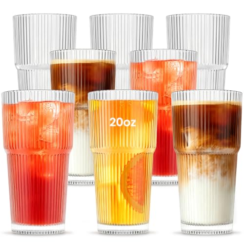 INSETLAN 20oz Ribbed Glass Tumbler Set of 8 – Large Capacity Drinking Glasses for Iced Coffee, Water, Juice, and Cocktails – Elegant Modern Glassware for Everyday Use and Special Occasions