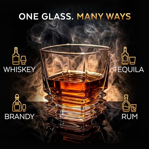 XRUSTAL Whiskey Glass Gift Set for Men, 10.5 oz Old Fashioned Crystal Glass with 3 Stone Whiskey Chilling Rocks, Bag and Wooden Gift-Ready Box, Bourbon Scotch Gift for Dad Husband Boyfriend (Wave)