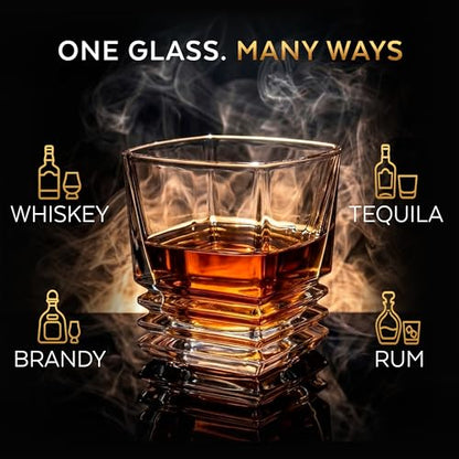 XRUSTAL Whiskey Glass Gift Set for Men, 10.5 oz Old Fashioned Crystal Glass with 3 Stone Whiskey Chilling Rocks, Bag and Wooden Gift-Ready Box, Bourbon Scotch Gift for Dad Husband Boyfriend (Wave)